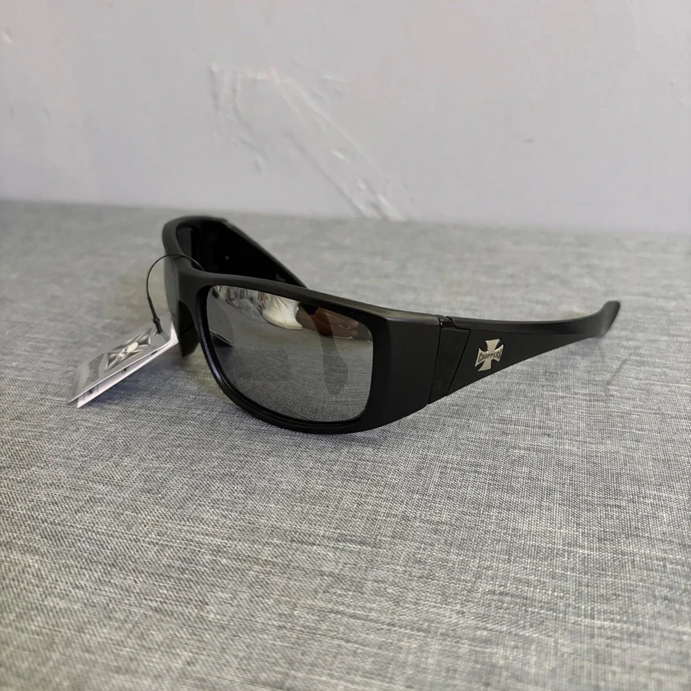 Choppers Sunglasses Mens OS Matte Black Silver Mirror Wrap Biker UV400 8CP6776